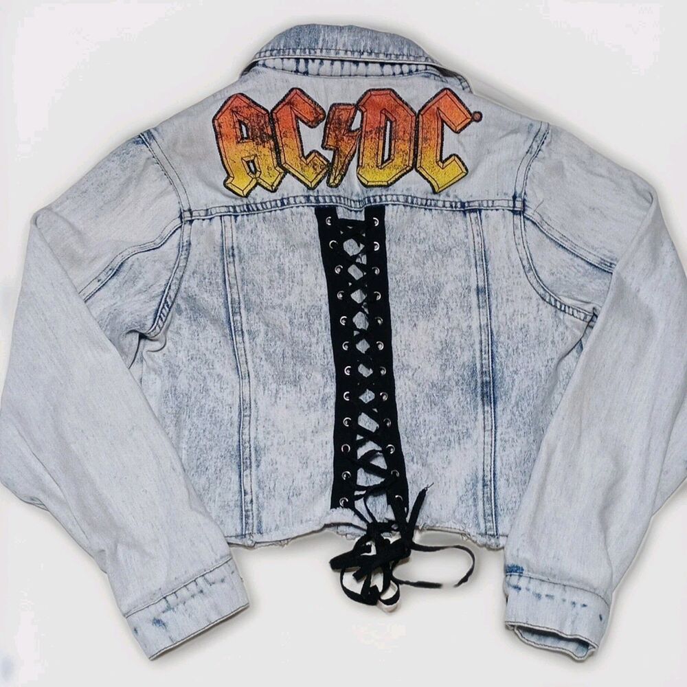 VTG 2017 AC/DC Women's Jacket SM Lace-Up Back Metal Acid Wash Denim‎ Jeans